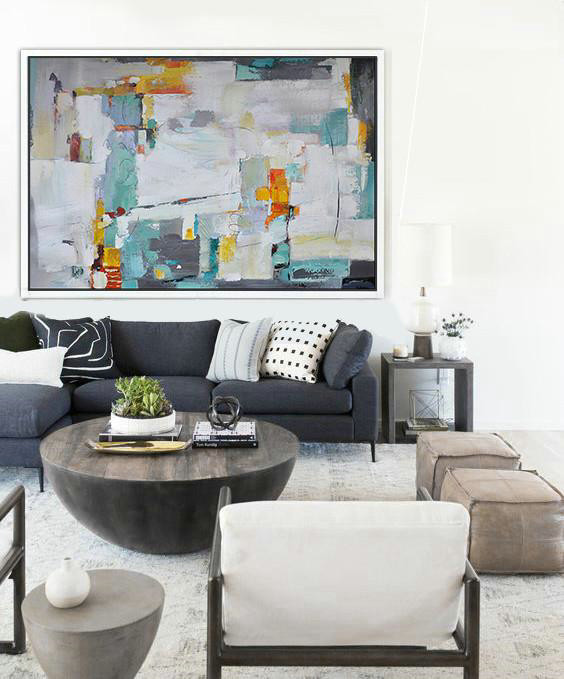 Original Abstract Oil Paintings,Oversized Horizontal Contemporary Art,Large Canvas Art,Modern Art Abstract Painting,White,Grey,Lake Blue,Yellow.etc